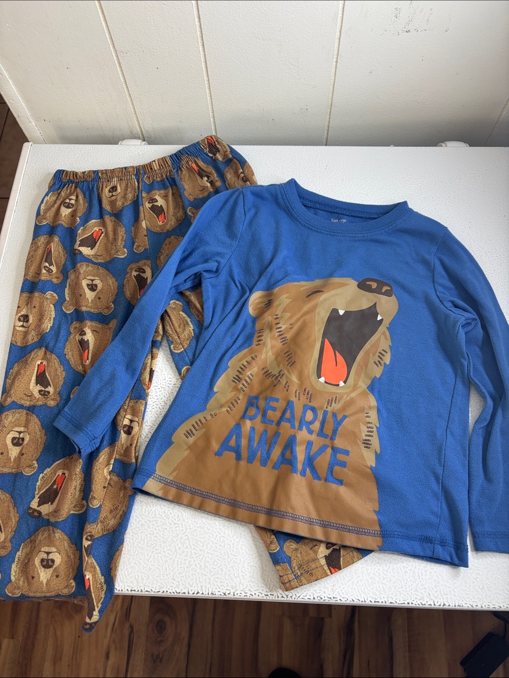 366 - Bear Graphic Blue Kids Pajama Set - Bearly Awake